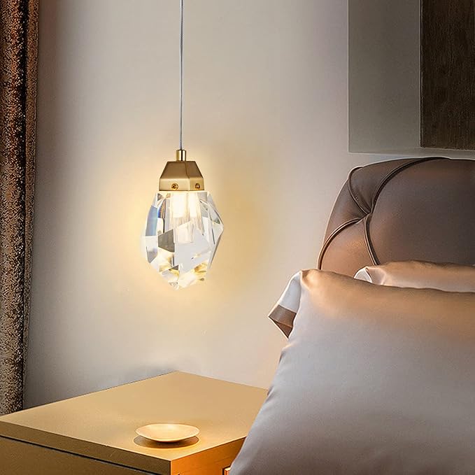 1-Light Diamond Crystal Pendant Light, Mini Ceiling Hanging Light in Gold Brushed Brass Finish Prism Crystal Color Changing Led Hanging Light for Kitchen Island Bathroom Bedroom Bar