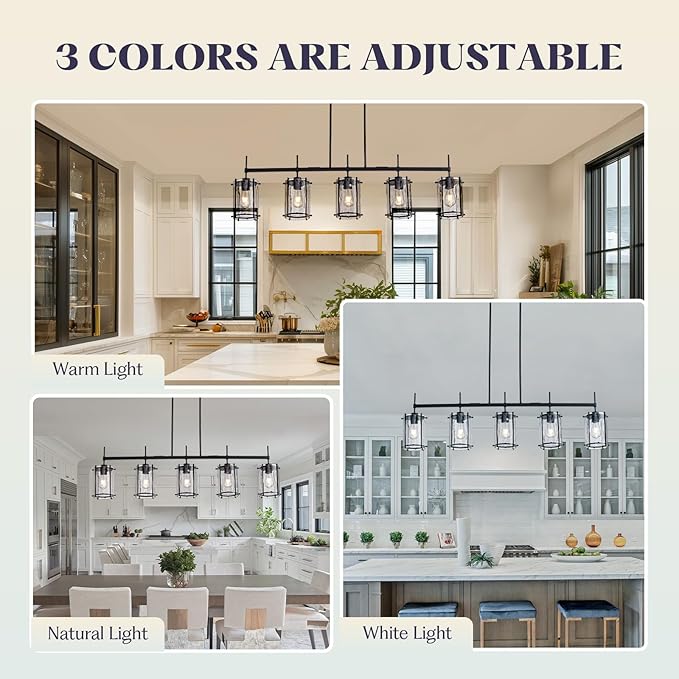 Farmhouse Linear Chandelier for Dining Room,Kitchen lsland Light Fixtures,5 Light Glass Chandeliers with Matte Black Finish,Height Adjustable L39.3”+W6.1”