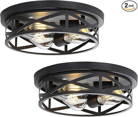 2 Pack Close to Ceiling Light Fixtures, 13 Inch Farmhouse Metal Cage Flush Mount Ceiling Light 3-Lights, Black Industrial Semi Flush Mount Ceiling Light for House Hallway Kitchen Bedroom