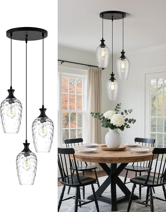 3-Light Pendant Lighting, Black Dining Room Chandelier Light Fixture Over Table with Hammered Glass, Modern Cluster Hanging Lights for Kitchen Island Sink, E26