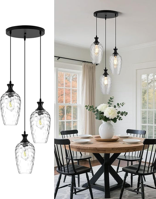 3-Light Pendant Lighting, Black Dining Room Chandelier Light Fixture Over Table with Hammered Glass, Modern Cluster Hanging Lights for Kitchen Island Sink, E26