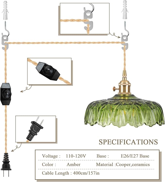Plug in Pendant Light Fixtures,Green Glass Lampshade Pendant Lighting 9.4in E26 Hanging Light Fixture for Kitchen Island, Bedroom, Dining Room, Living Room