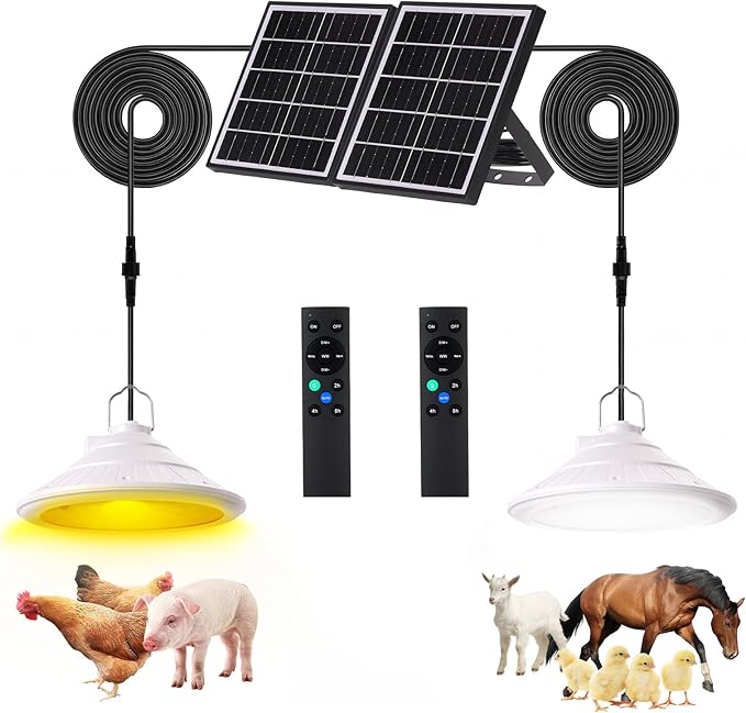 Solar Chicken Coop Light with Timer | Three-Color Dimmable LED, IP66 Waterproof Hanging Ceiling Pendant Light Suitable for Poultry Farms,Coops,Patio,Camping,Garage etc(2pcs)