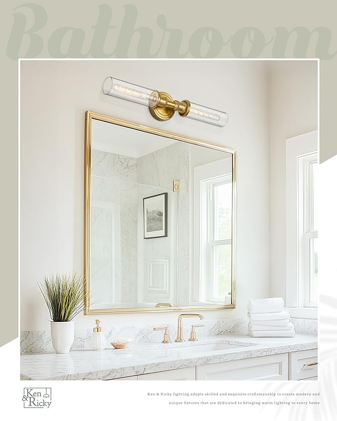 Ken & Ricky 24" Modern Bathroom Sconces Wall Lighting,Brushed Gold Wall Sconce Vanity Lights with Clear Glass for Bathroom Living Room Bedroom KR3376-W-BG-1PK