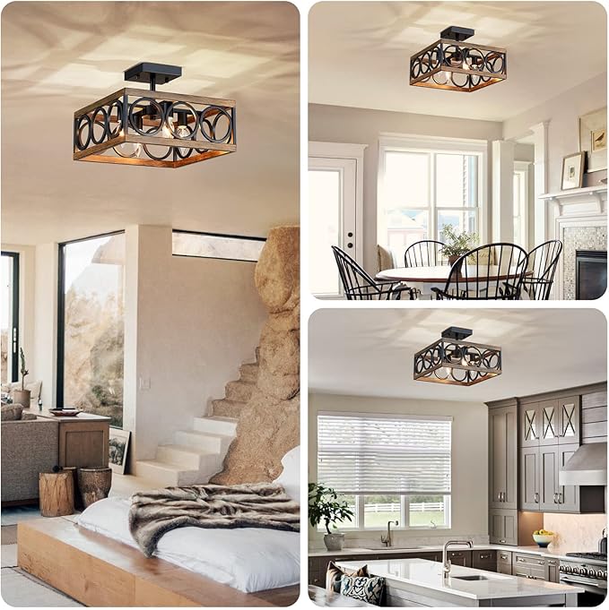 XINGQI Modern 4-Light 13'' Farmhouse Vintage Semi Flush Mount Ceiling Light Fixture for Living Dining Room Bedroom, Antique Wood Grain+Black Finish with Square Metal Shade,E12 Bulbs
