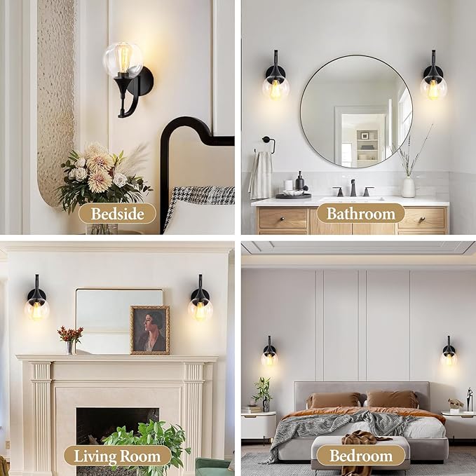 Black Wall Sconce Light, Modern Vanity Light Fixtures with 4.9 Inches Clear Glass Shade, Farmhouse Wall Lights for Living Room, Bedroom, Hallway