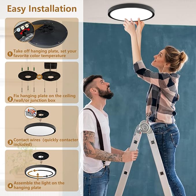4PK 12 Inch LED Flush Mount Ceiling Light,24W, 2520LM, 3000K/4000K/6000K CCT Selectable,0.9inch Super Slim LED Ceiling Light, Low Profile Round Flat Panel Light for Bedroom,Kitchen,Hallway(Black)