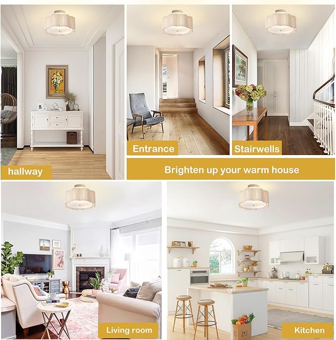 13.4" Rattan Flush Mount Ceiling Light Fixtures,3-Light Boho Nursery Light Fixtures Ceiling Mount for Bedroom,Mini Rattan Chandelier,White Small Chandelier Lighting for Dining Room Hallway