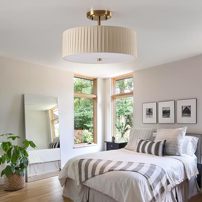 13.8 Inch Semi Flush Mount Ceiling Light Fixture, 3-Light Modern Farmhouse Drum Pendant with Fabric Shade for Bedroom Hallway Entryway Living Room (Oatmeal Pinch Pleated+Brushed Bronze)