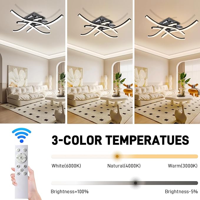 27.5Inch Modern LED Ceiling Light Fixture, 36W Stepless Dimming Curved Wave Ceiling Lamp with Remote & Timing Function for Bedroom, Kitchen, Hallway, Foyer Library Dining Room Black