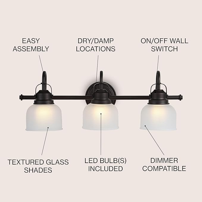 JONATHAN Y 5.75" Oil Rubbed Bronze Modern Bathroom Vanity Light, 3-Light LED Wall Sconce, Clear Glass Bell Shade for Mirror Hallway Kitchen, ETL Listed, LED Bulb Included (JYL7409C)