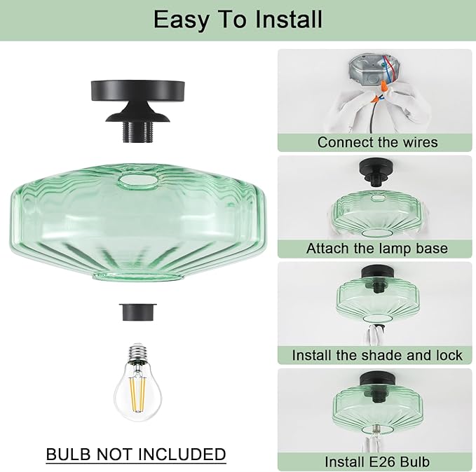Semi Flush Mount Ceiling Light, 11.8" Vintage Green Glass Ceiling Lights, 1-Light Mid Century Modern Drum Close to Ceiling Light Fixtures for Bedroom Kitchen Entryway Hallway Porch Foyer