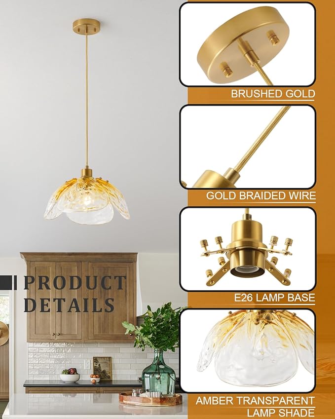 Vintage Gradient Amber Pendant Light,Bronze Pendant Lighting Fixture with Handmade Leaf Glass for Bedroom,Kitchen,Hallway,Entryway