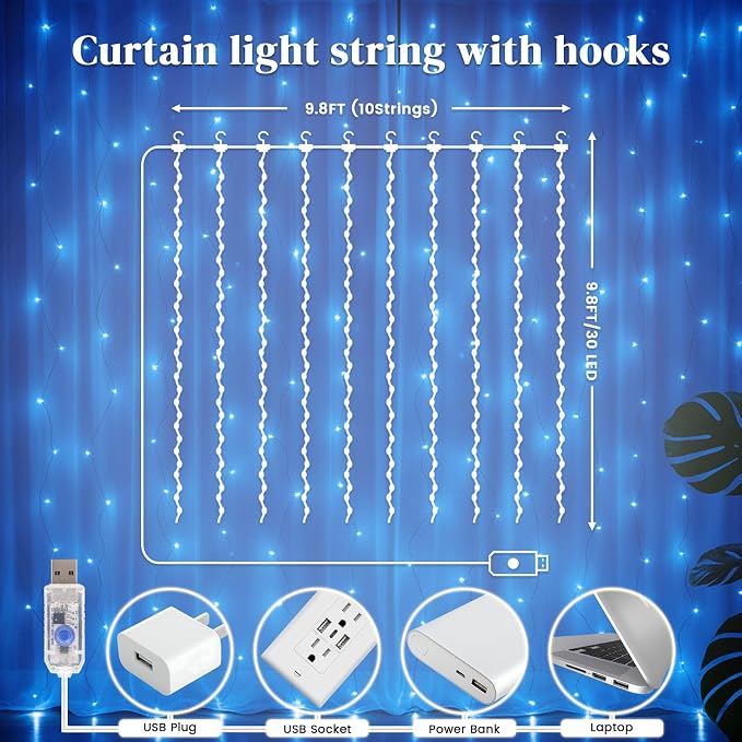 DomeStar 300 LED Fairy Curtain Lights, 9.8ft x 9.8ft Waterproof String Hanging Lights with 8 Modes Remote, Plug‑in Design for Bedroom Patio Garden Party Wedding Wall Ambient Decor (Blue)