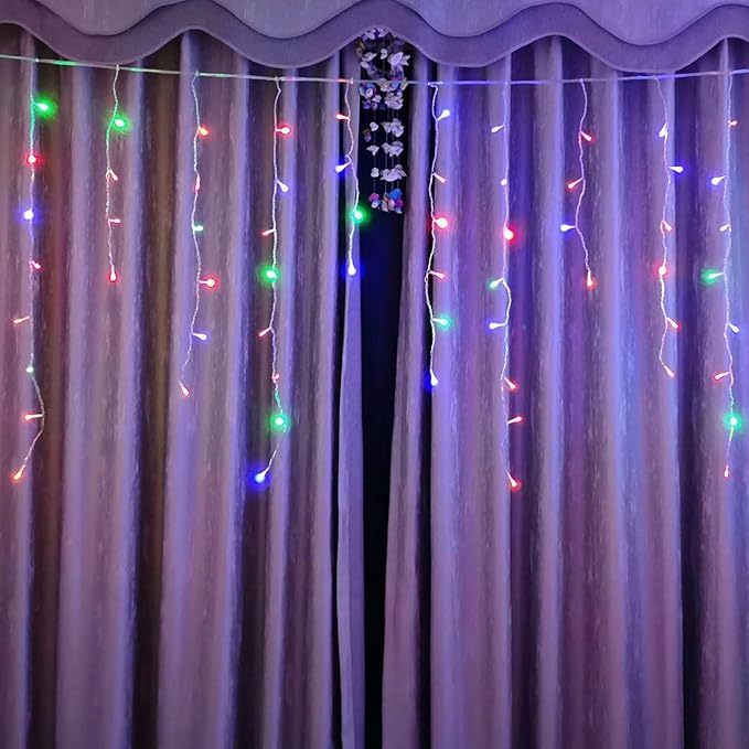 GTSYDING LED Icicle String Lights, Christmas Icicle Lights 13Ft 96 LEDs Window Curtain Starry Fairy Lights Plug in 8 Modes for Wedding Party Bedroom Garden Patio Outdoor Indoor (Multicolor, 4)