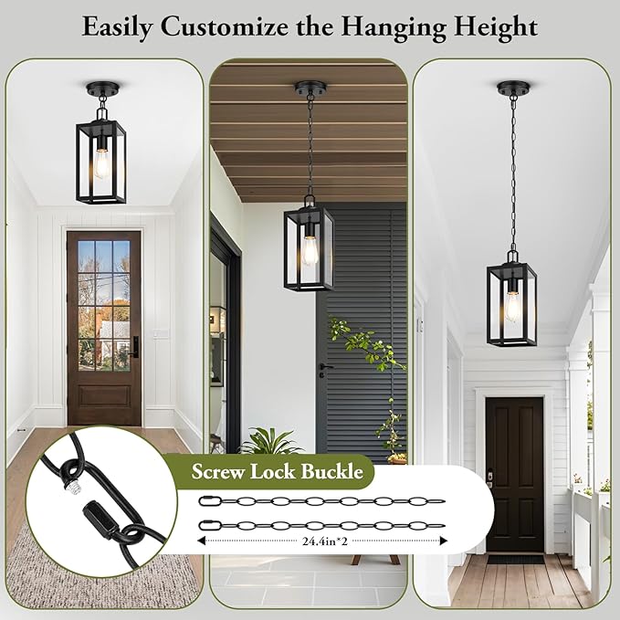 BesLowe 1-Pack Outdoor Pendant Light, 13” Modern Hanging Lantern Light for Outside, Black Exterior Pendant Lighting Fixture with Adjustable Chain, Outdoor Chandelier for Porch, Gazebo, Front Door