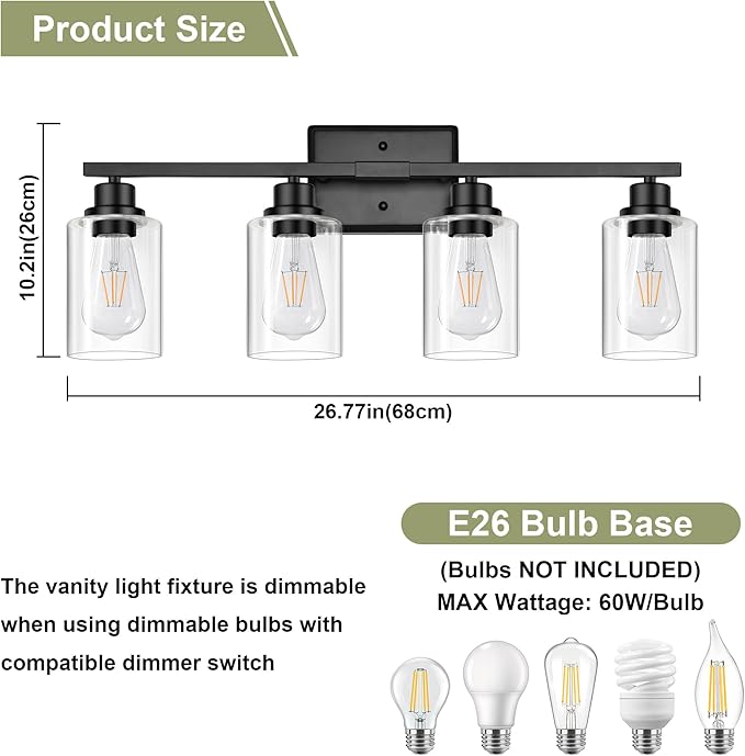 Unicozin Modern Bathroom Light Fixtures, 4 Light Vanity Lights Over Mirror, Black Wall Lamp with Clear Glass for Living Room Cabinet Bedroom Porch
