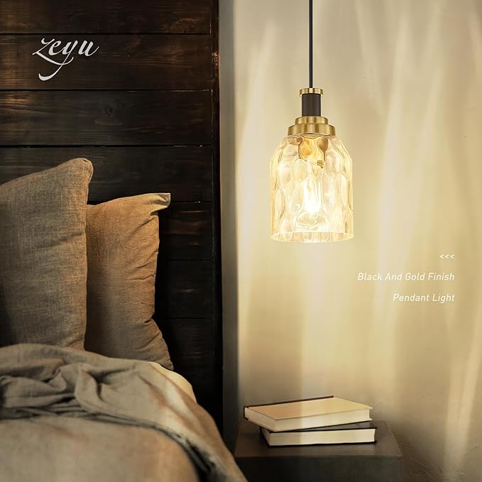 zeyu Pendant Light 2 Pack, Vintage Adjustable Hanging Light for Hallway, Haning Light Fixture Ceiling with Water Ripple Glass Shade, Black and Gold Finish, ZG33M1L-2 BK+BG-WG