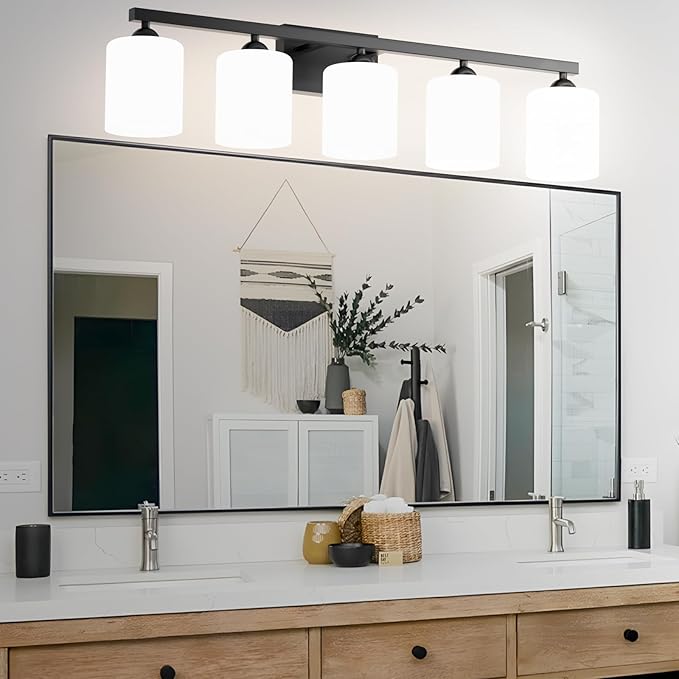 Quntis Black Bathroom Light Fixtures Over Mirror 5 Colors Adjustable, 5-Light LED Bathroom Vanity Lighting with Milky White Frosted Glass Shade, Energy-Saving LED Vanity Light 35.8 inch
