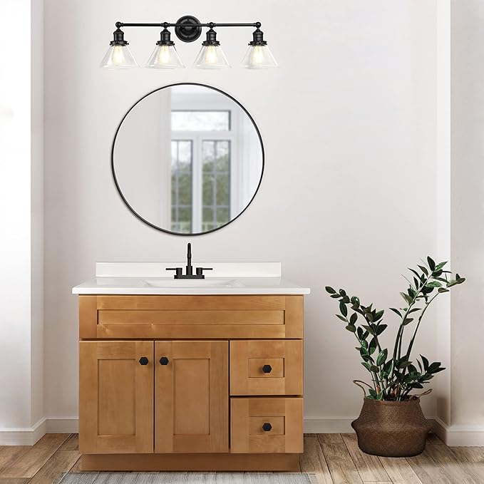 Design House Augustin Vanity Light, 4-Light, Seeded Glass Warm Glow, Dimmable, Up/Down Glow, Easy Installation, E26 Socket, Black, 34.9 in L x 8.3 in D x 11.1 in H, 589044-BLK