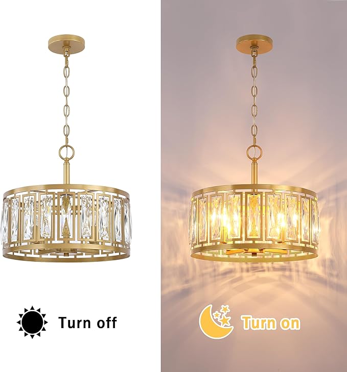 Gold Crystal Chandelier, 4-Light Semi Flush Mount Chandelier Crystal Entry Way Light Fixture Gold Dining Room Light Fixtures Adjustable Height Hanging Pendant Light for Bedroom Living Room
