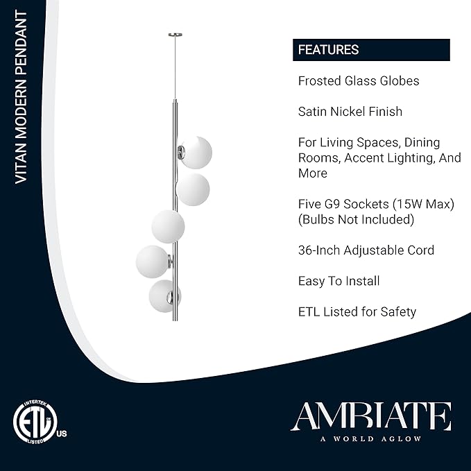 Vitan Linear Globe Pendant Light Fixture, Frosted Glass Globe Shades, Satin Nickel Finish, Uses Five G9 Bulbs (Not Included), Living Spaces, Dining Rooms, Accent Lighting, ETL Listed