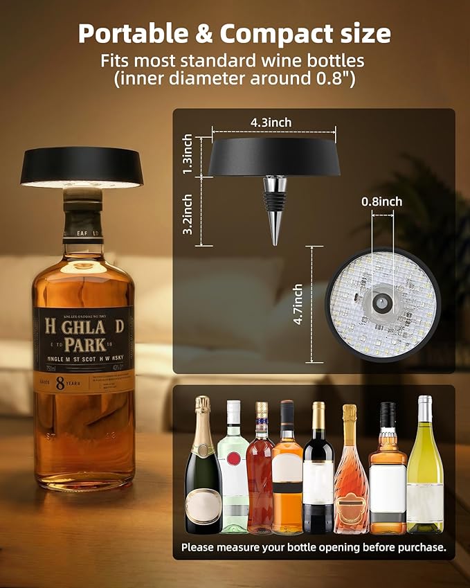 Wireless Bottle Lamp Shade, Rechargeable Wine Bottle Lights for Liquor Bottles, RGB, Touch Control 3 Color Temperatures, Dimmable, Outdoor Waterproof, Restaurant & Home Bar Décor, Gift, Black 1Pc