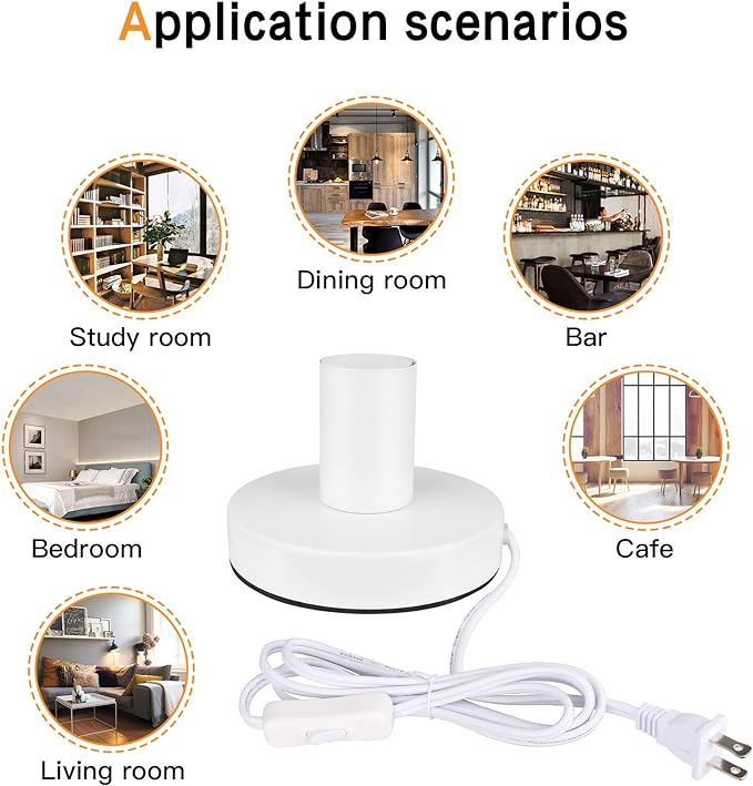 Helunsi Industrial Table Lamp Base - E26/E27 Edison Light Bulb Stand, Exposed Bulb, Simple Metal, 5.8ft Cord Switch Plug, White