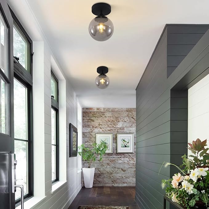 KCO Lighting Mid Century Modern Black Semi Flush Mount Ceiling Light Smoke Grey Globe Glass Ceiling Light Industrial Hallway Close to Ceiling Lights for Porch Bedroom Living Room