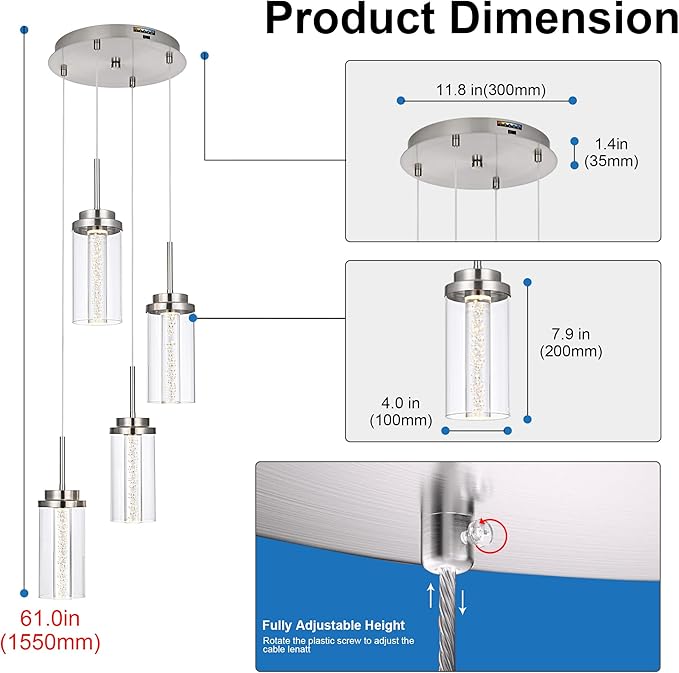 MELUCEE Modern LED Pendant Light Fixtures 4-Light Kitchen Pendant Lights with 3000K-6000K Adjustable Color Temperature Brushed Nickel Ceiling Hanging Lamp for Dining Room Bedroom Kitchen Island