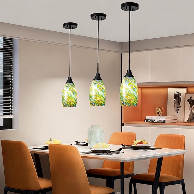 Viinew Mini Glass Pendant Light 4.72" Colorful Pattern Oval Pendant Lights 1-Pack Handblown Art Glass Hanging Pendant Light for Kitchen Island Dining Room Living Hallway Matte Black Metal