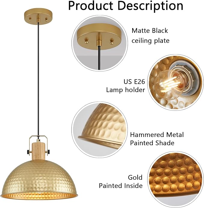 12 Inch Gold Pendant Lights Hammered Matte Pendant Lights for Kitchen Island Industrial Farmhouse Adjustable Height Dome Hanging Light Fixtures for Barn, Dining Room 3 Packs