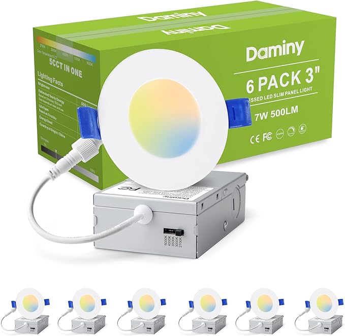 DAMINY 6 Pack 3 Inch LED Recessed Lighting with Junction Box,5CCT,Ultra-Thin Recessed Light,7W 500LM, Dimmable Canless Wafer Ceiling Light, High Brightness
