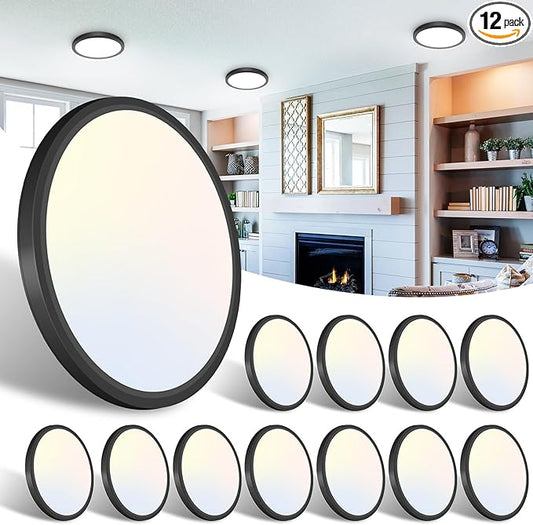libtit 12 Pack Black Led Ceiling Light - 7 Inch 15W 1500Lm Small Ceiling Lighting Fixture, 3000K/4000K/6500K Color Selectable, Recessed Led Kitchen Ceiling Lamp for Shower Hallway Laundry Closet