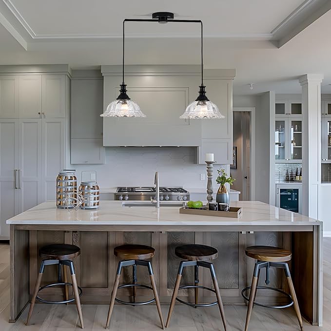 HDDFL 2 Light Pendant Light Fixtures Modern Glass Hanging Lights with Adjustable Cord for Kitchen Island Dining Room Living Room Hallway Black Metal