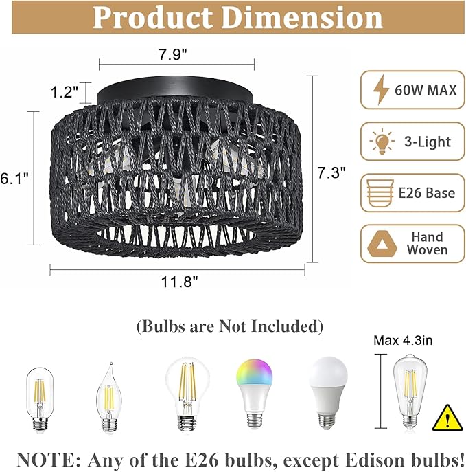 Rattan Light Fixtures Ceiling Mount, 3-Lights Boho Flush Mount Ceiling Light, Hand-Woven Cage Shade Lamp Lighting, Rustic Rattan Chandelier for Hallway Bedroom Kitchen Farmhouse Foyer Entryway (Black)