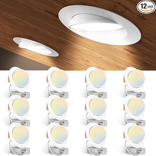 Amico 12 Pack 6 Inch 5CCT Gimbal LED Recessed Ceiling Light, 360°&90° Adjustable Eyeball Directional Can Lights, Dimmable Retrofit Wafer Downlight with Jbox, 12W 1200LM CRI90+, White, ETL&FCC