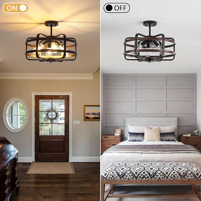 17.71'' Farmhouse Cage Semi Flush Mount Ceiling Light Fixture 4-Light Rustic Metal Ceiling Lighting Industrial Light Fixtures Vintage Ceiling Mount Black Chandeliers for Dining Room Kitchen Foyer E26