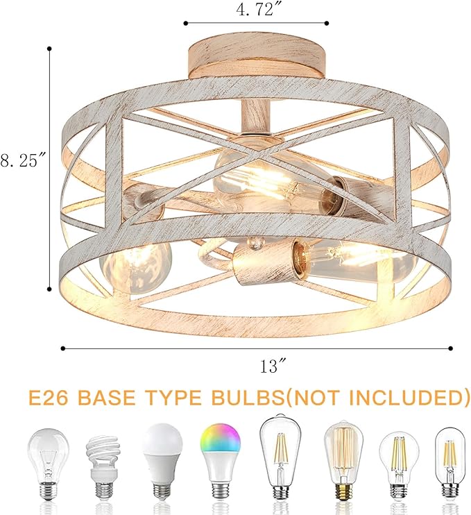 Rustic 3-Light Semi-Flush Mount Ceiling Light 13 Inches Round Lighting Fixtures for Kitchen Island Dining Room Bedroom Farmhouse Foyer Hallway Front Door, White & Gold