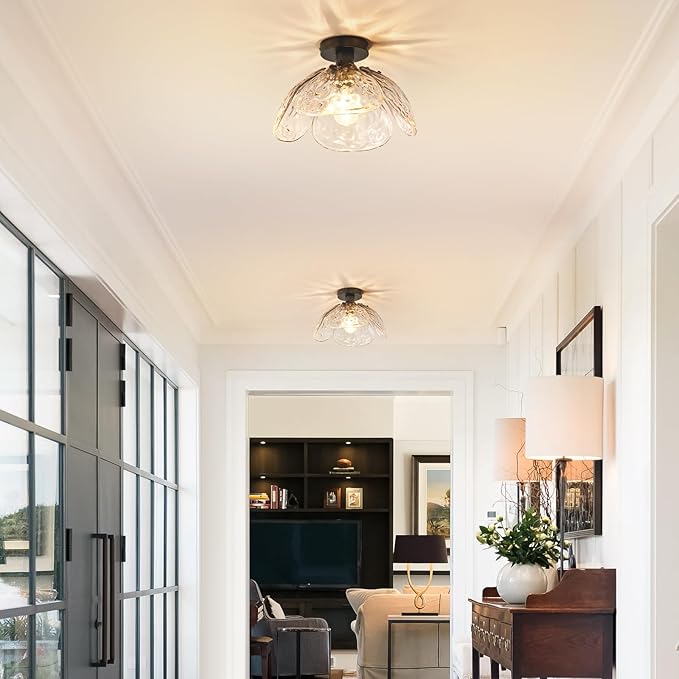 Vintage Semi Flush Mount Ceiling Light,Black Ceiling Light Fixtures with Gradient Smoke Gray Handmade Leaf Glass for Bedroom,Kitchen,Hallway,Entryway