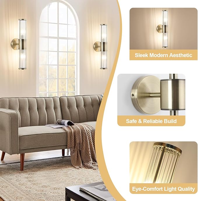 Brushed Bronze Wall Sconces Set of Two, Bathroom Sconces with Glass Rods Shade, Modern Vanity Sconces Lighting Over Mirror, Wall Light Fixtures for Living Room Bedroom (Bulbs Not Included)