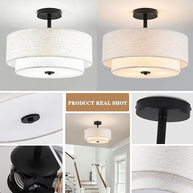 BUXVRCS Semi Flush Mount Ceiling Light Fixture, 3-Light Double Drum Lighting Fixtures with Fabric Shade, 16" Modern Light Fixtures Ceiling Mount Close to Ceiling Light for Bedroom (Black)
