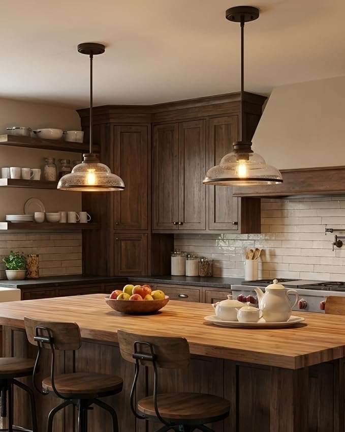 kudos Pendant Lights Kitchen Island, 11" Oil Rubbed Bronze Kitchen Island Lighting with Seeded Glass Shade, Farmhouse Large Hanging Light Fixture for Kitchen Sink Dining Room, KDPL14-ORB-2PK