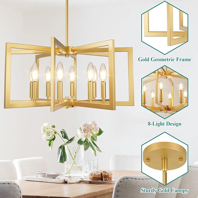 Bairth 8-Light Gold Chandelier, Farmhouse Dining Room Light Fixture, Modern Chandelier, Geometric Industrial Metal Hang Lighting Fixture for Foyer Entryway Kitchen Over Table Hallway Living Room