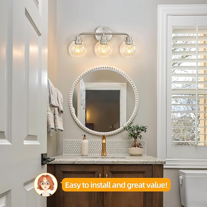 3 Light Bathroom Vanity Light Fixtures, Brushed Nickel Vanity Lights with Clear Globe Glass Shades, Modern Bathroom Lights Wall Sconce Wall Lamp for Mirror Living Room Kitchen Bedroom Hallway