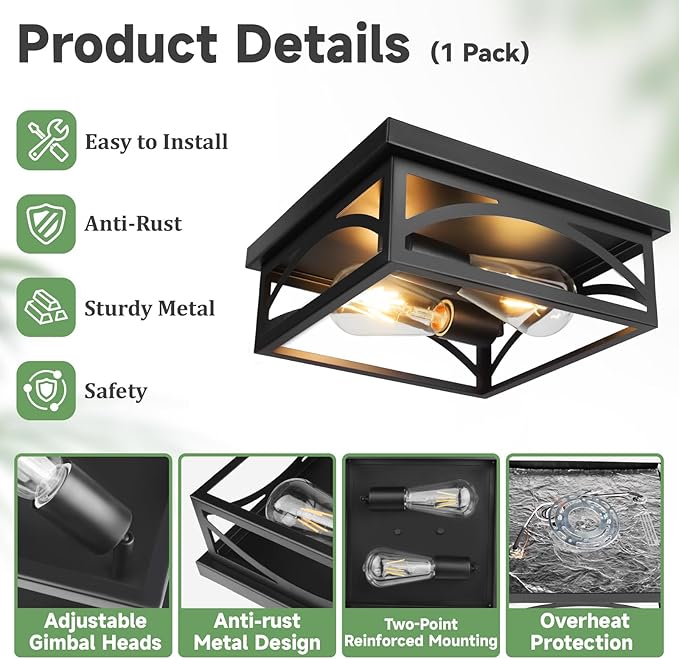 Black Square Flush Mount Ceiling Light, Farmhouse Ceiling Light Fixture for Hallway Porch Kitchen, 2-Light Outdoor Porch Ceiling Light, 1 Pack, 10 Inch, E26 Base(Bulbs Not Included)