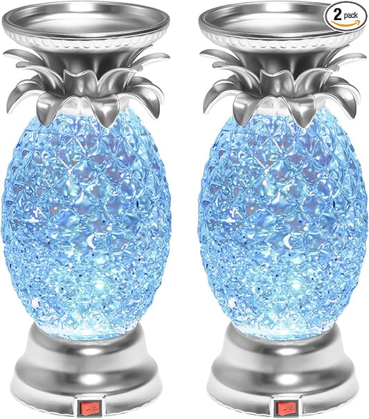 YAKii 9.5" Pineapple LED Color Changing Shine Lamp,Swirling Water Waves Lamp Kid Safe Battery/USB Cable Operated,Table Lamp Candle Holder Night Lights Decoration Matte Silver(Pack of 2)