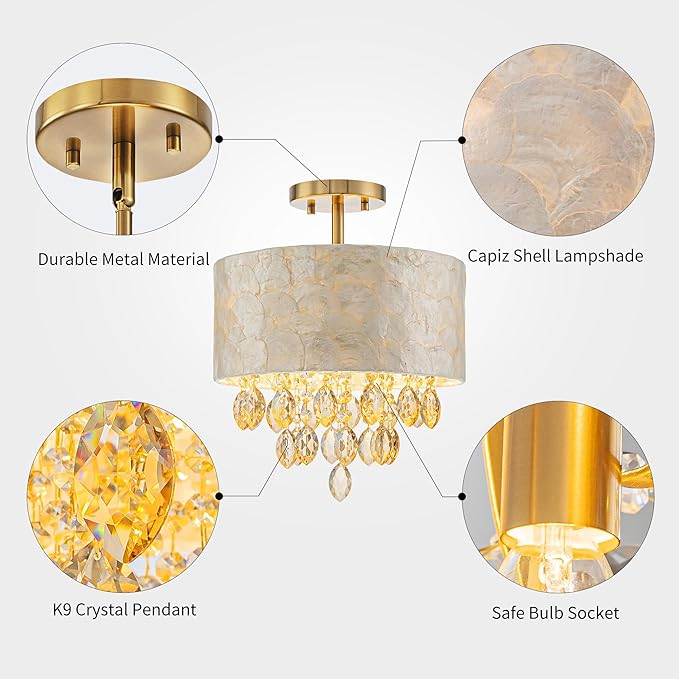 3-Light Capiz Shell Crystal Drum Ceiling Light, Coastal Style Close to Ceiling Light Fixture for Dining Room, Living Room & Bedroom, D12 * H14 inch, Champagne Crystal & Gold Finish