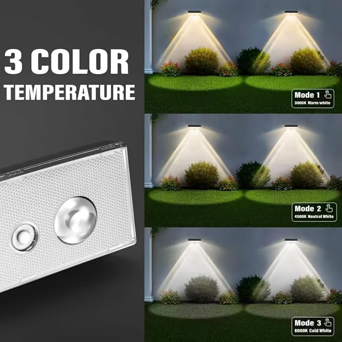 Solar Fence Lights Outdoor, 16-Pack Fence Lights Solar Powered Waterproof IP67 with 3 Color (3000K/4500K/6000K), Dusk to Dawn Auto-Work Solar Lights for Wall, Patio, Garden, Backyard
