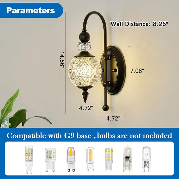 Vintage Black Wall Sconce with Acrylic Globe Shade Indoor Wall Light for Bathroom Bedroom Hallway Farmhouse